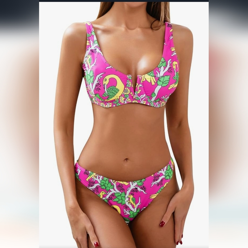 Floral Print Push-ups V-Shaped Steel Wire Bikini Set‎ sz S